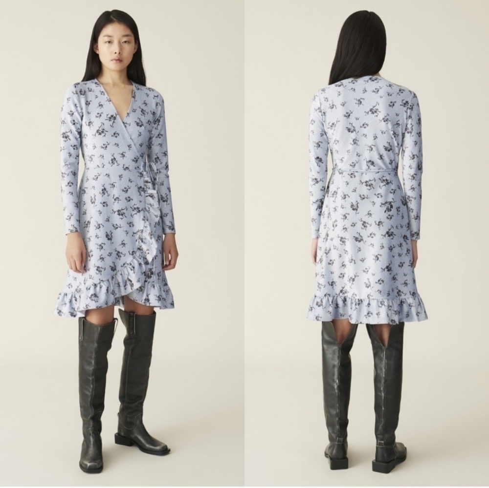 NWOT Ganni Women's Blue Silver Metallic Floral Long Sleeve Wrap Midi Dress 8